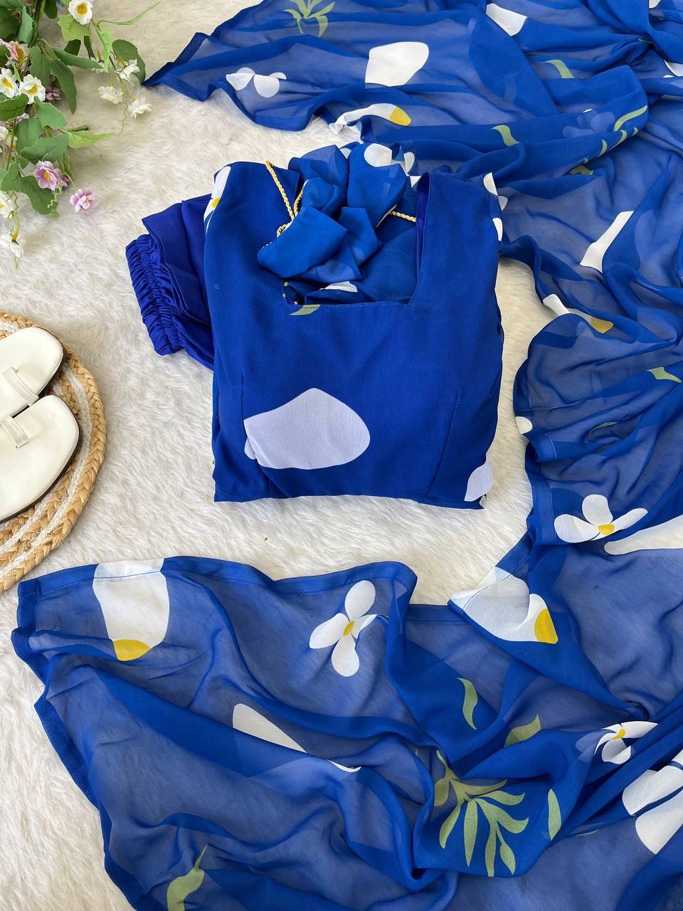 Delightful Blue Faux Georgette Floral Printed Anarkali Pant Suit