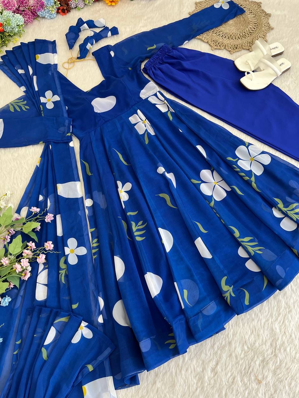 Delightful Blue Faux Georgette Floral Printed Anarkali Pant Suit