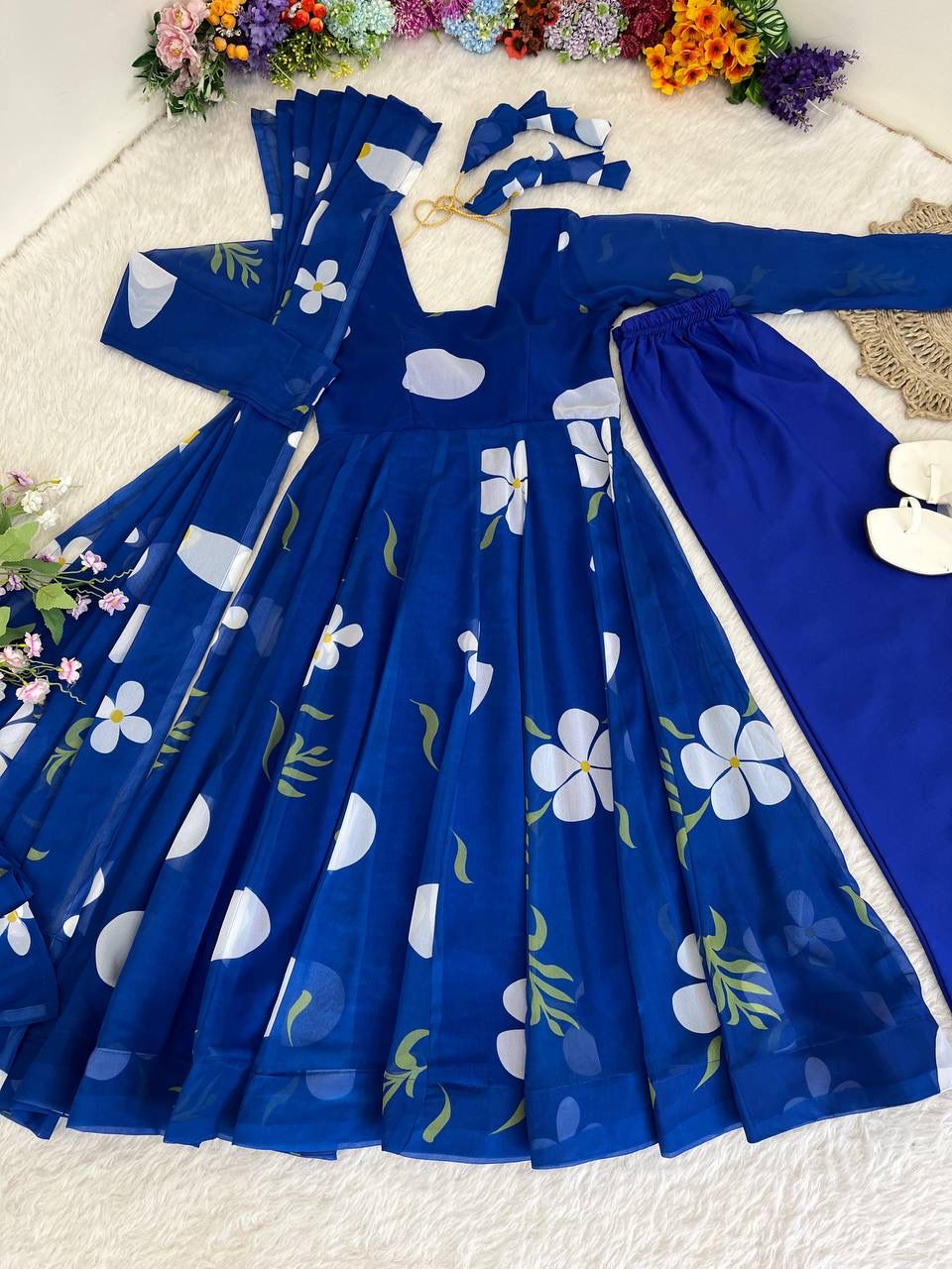 Delightful Blue Faux Georgette Floral Printed Anarkali Pant Suit