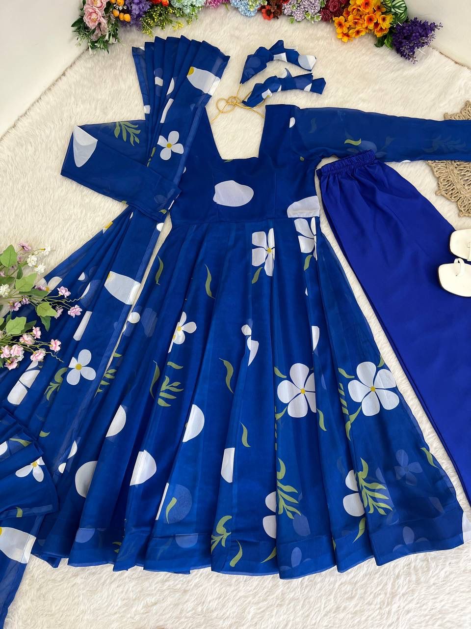 Delightful Blue Faux Georgette Floral Printed Anarkali Pant Suit