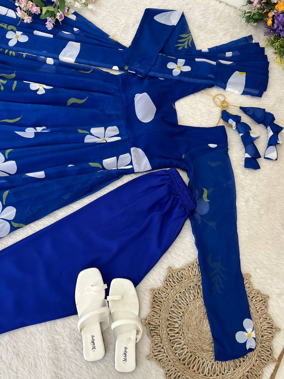 Delightful Blue Faux Georgette Floral Printed Anarkali Pant Suit