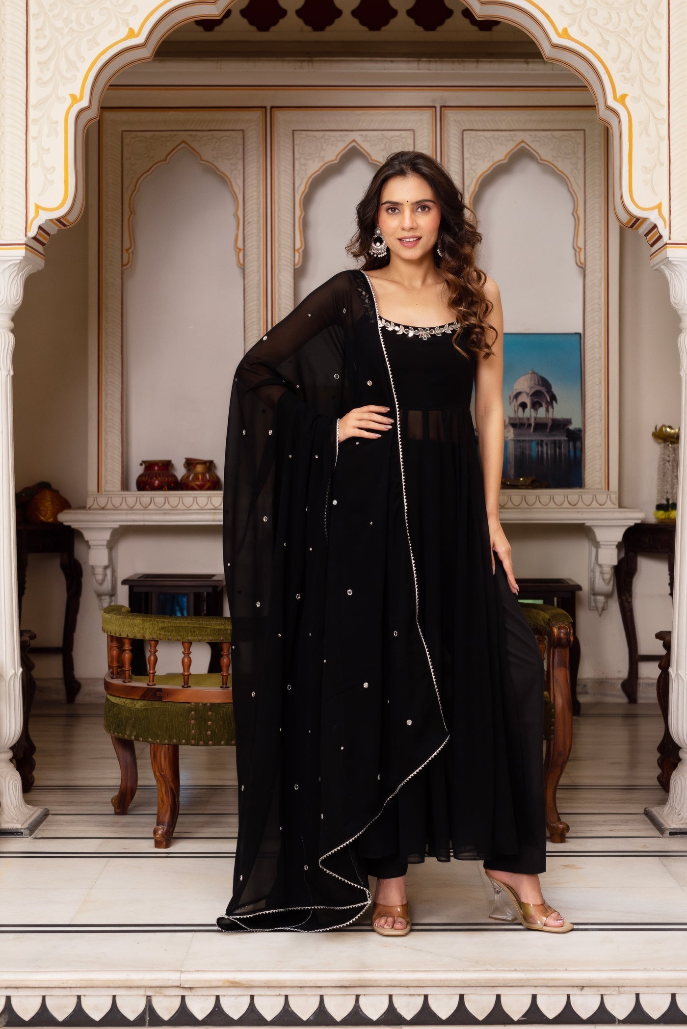 Black Hand Mirror Work Anarkali Set