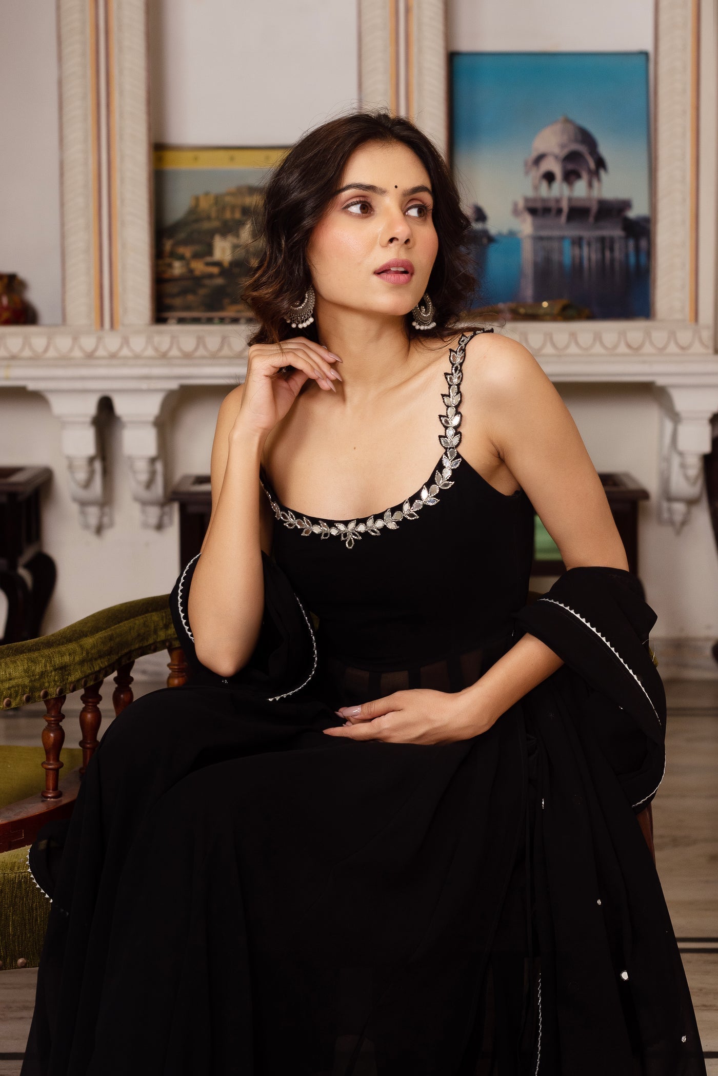 Black Hand Mirror Work Anarkali Set