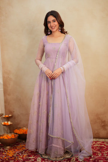 Pink Organza Rose Work Anarkali Gown with Net Dupatta