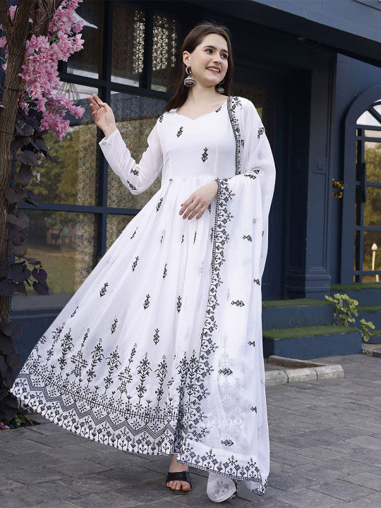 White Embroidered Anarkali Suit Set With Dupatta