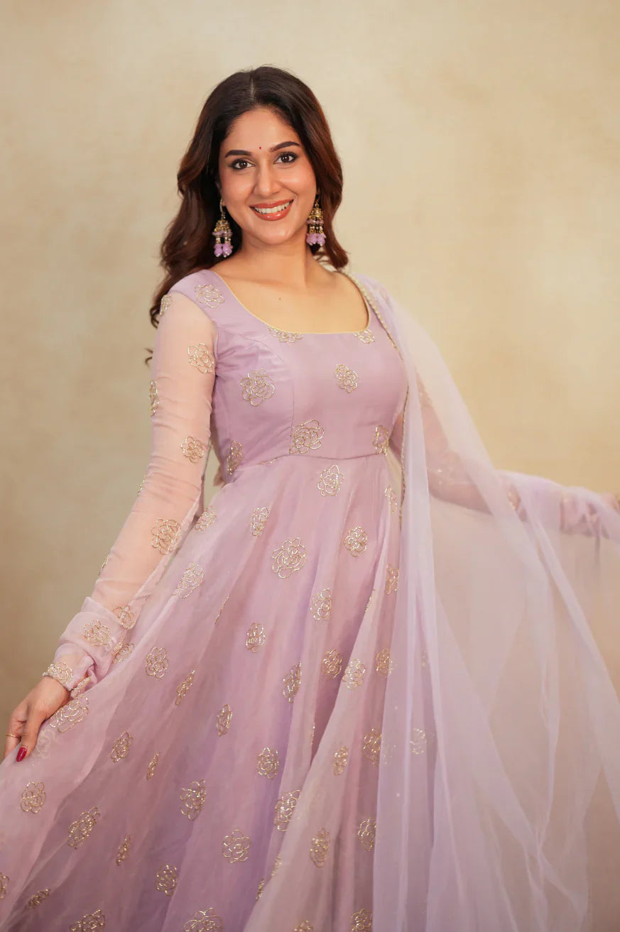 Pink Organza Rose Work Anarkali Gown with Net Dupatta