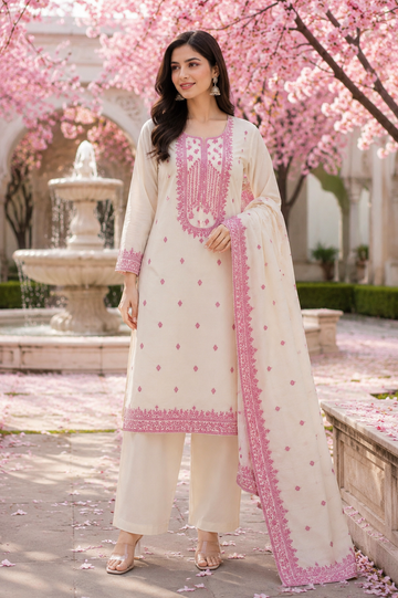 Ivory Pink Printed Cotton Linen 3-Piece Kurta Set for Women