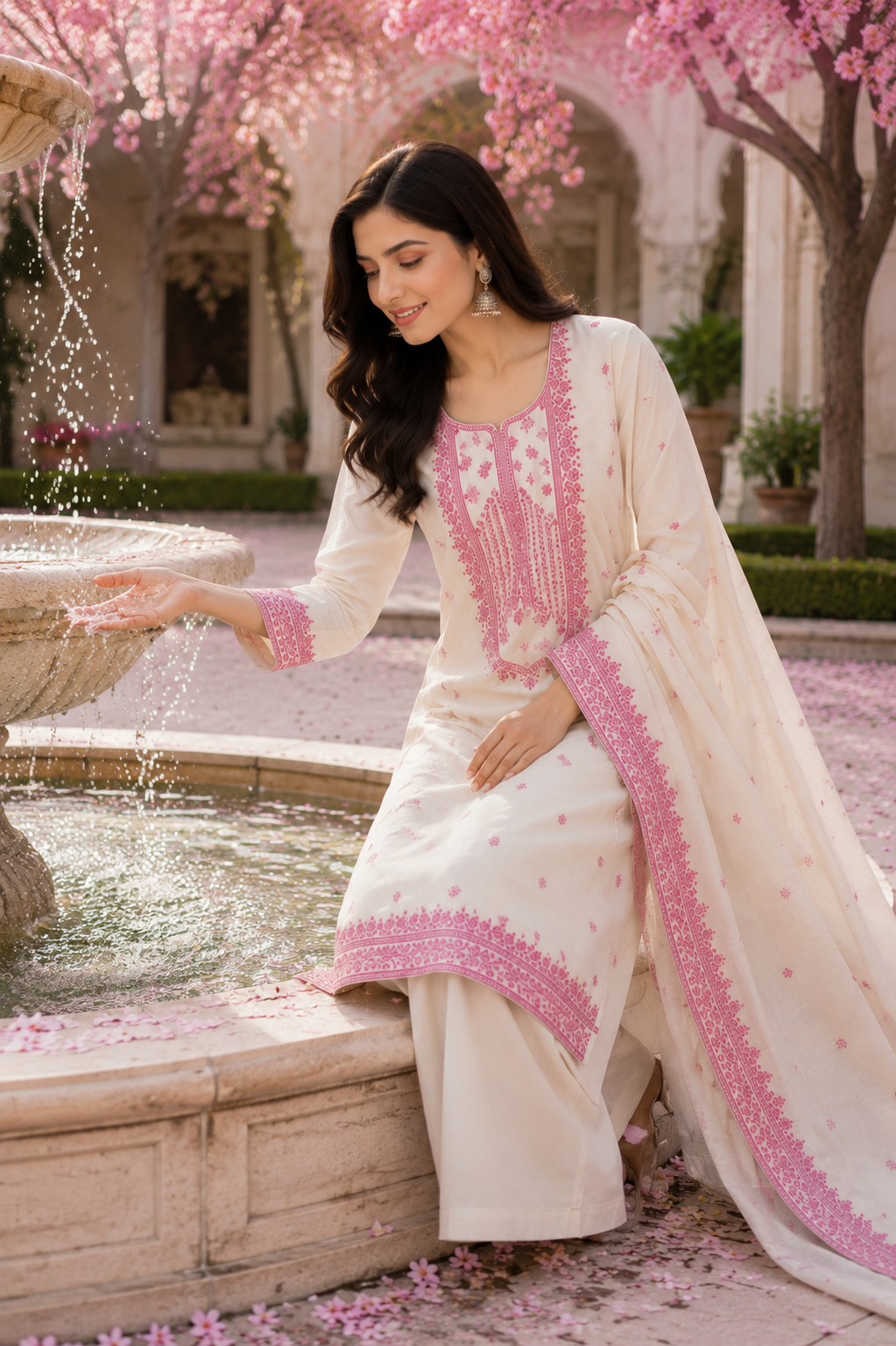 Ivory Pink Printed Cotton Linen 3-Piece Kurta Set for Women
