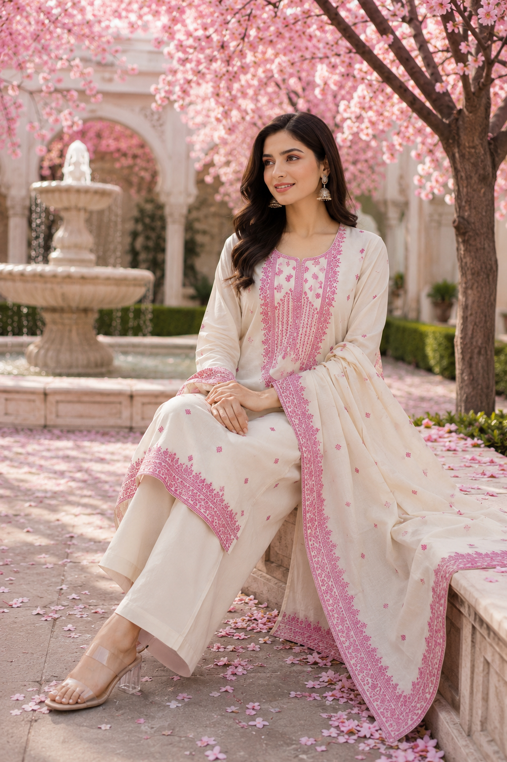 Ivory Pink Printed Cotton Linen 3-Piece Kurta Set for Women