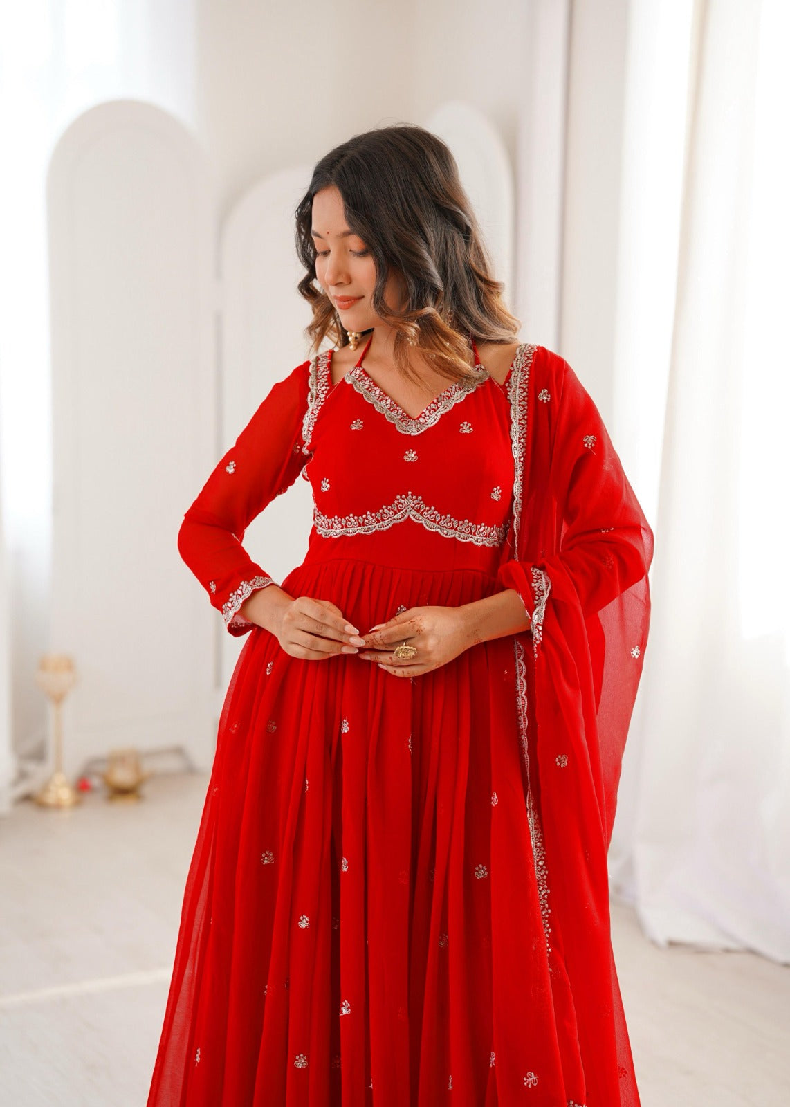 Red Georgette Anarkali Suit Set With Embroidered Dupatta