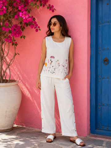 White Linen Embroidered Floral Top and Palazzo Set for Women