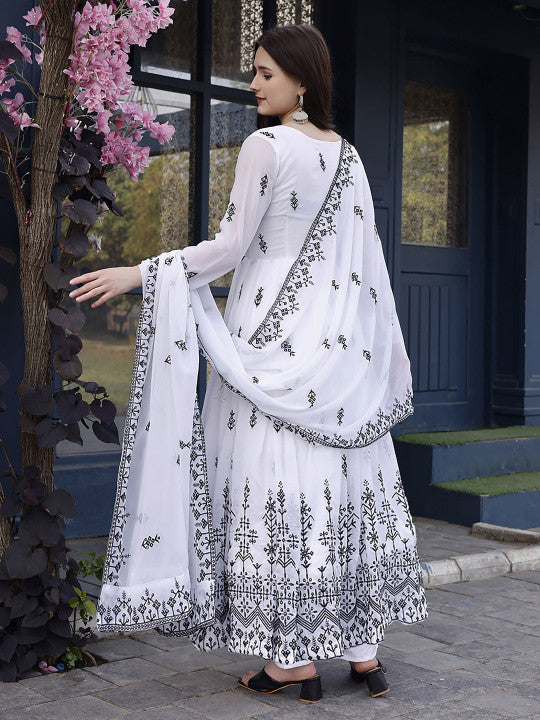 White Embroidered Anarkali Suit Set With Dupatta