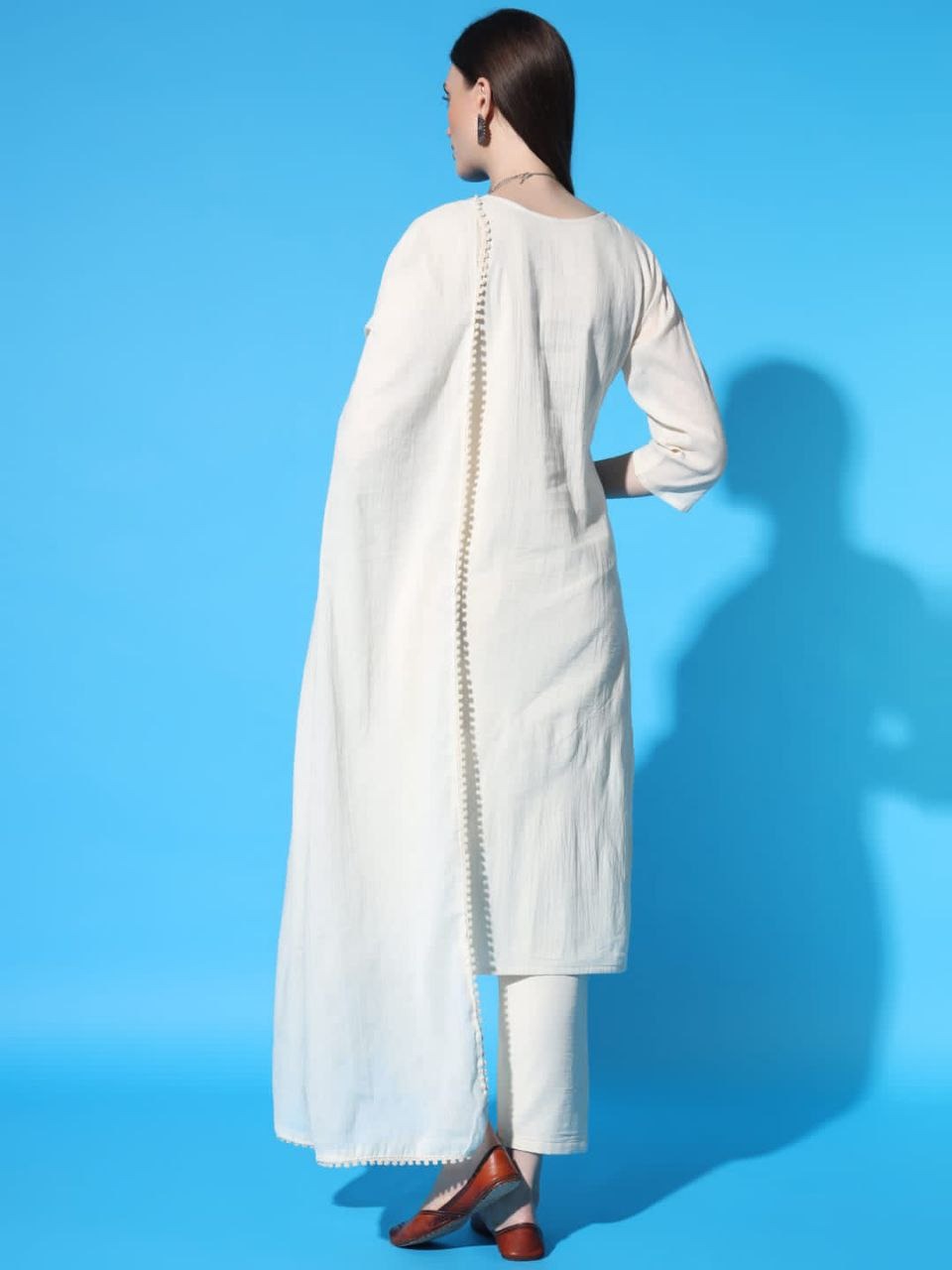 White Linen Straight Fit Kurta Set With Lace Trim for Women