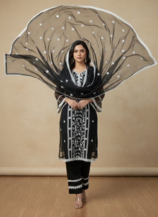 Black Designer Embroidered Kurti With Dupatta 🖤🌙