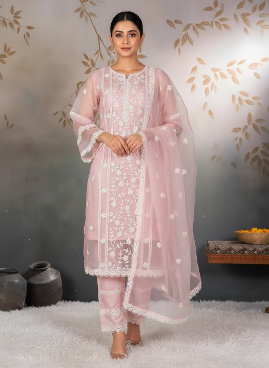 Orange Organza Designer Embroidered Kurti & Dupatta Set