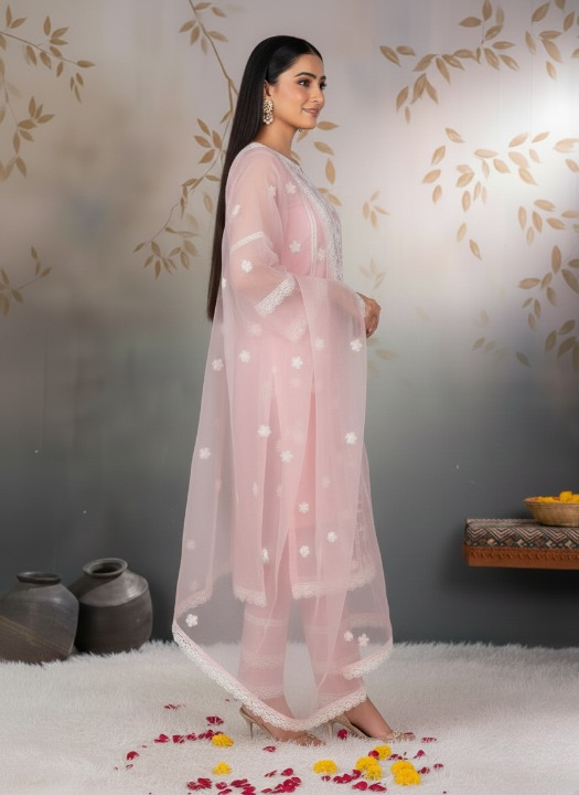 Orange Organza Designer Embroidered Kurti & Dupatta Set