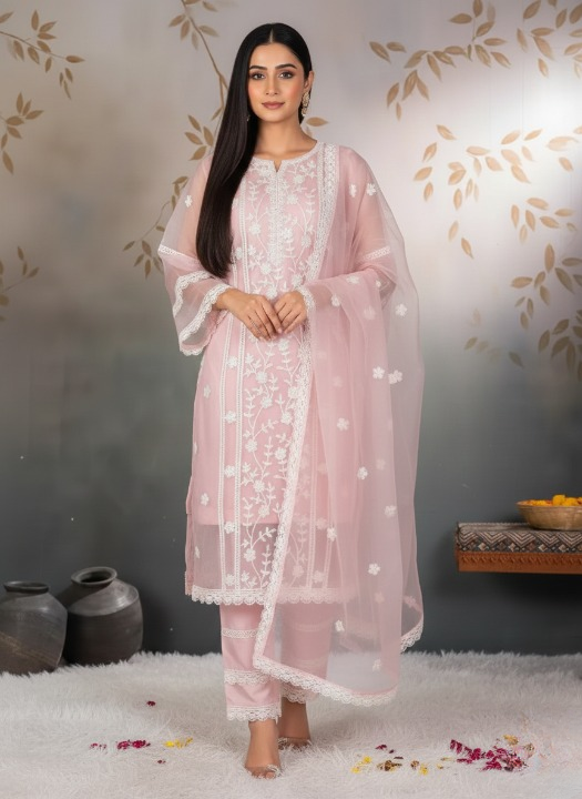 Orange Organza Designer Embroidered Kurti & Dupatta Set