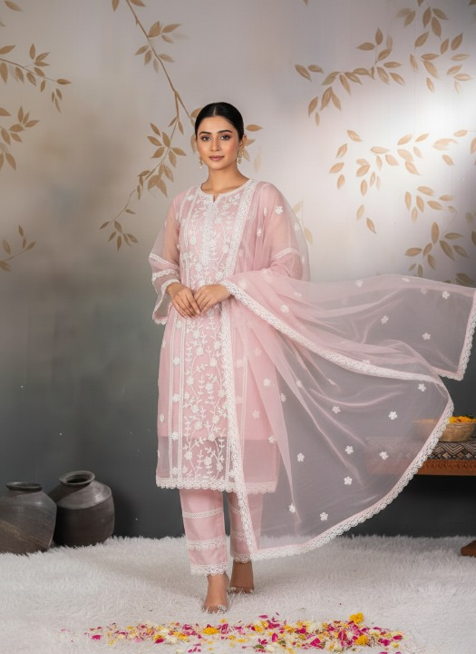 Orange Organza Designer Embroidered Kurti & Dupatta Set