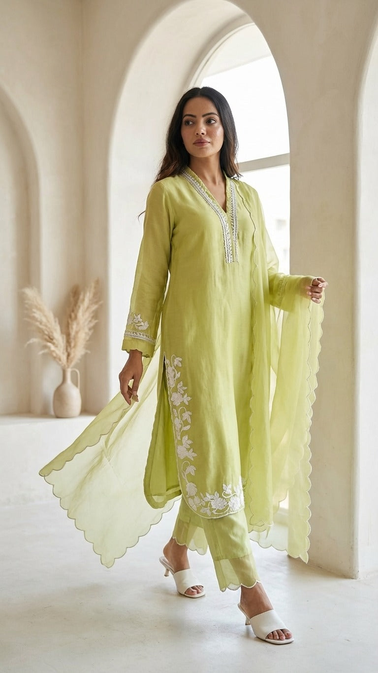 Pista Green Embroidered Kurta Pant Dupatta Set For Women