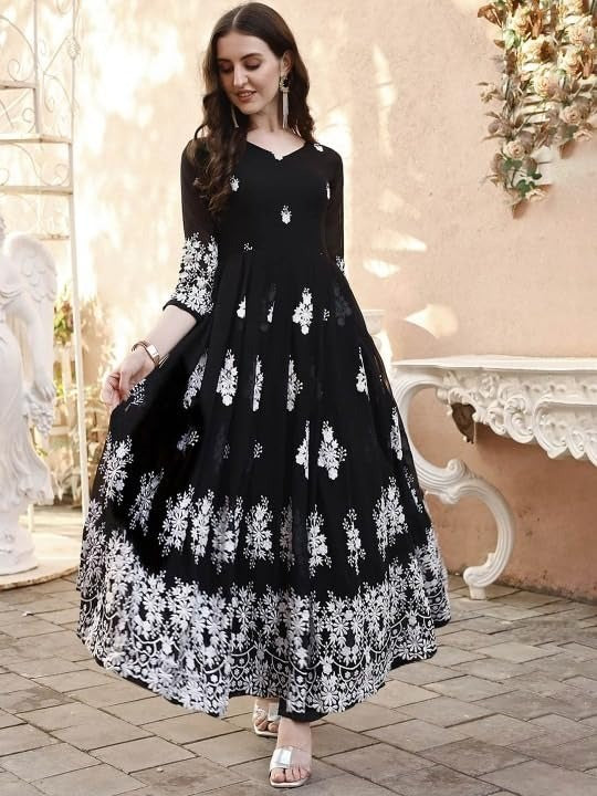Womens Black Anarkali Suit Set With White Floral Embroidery