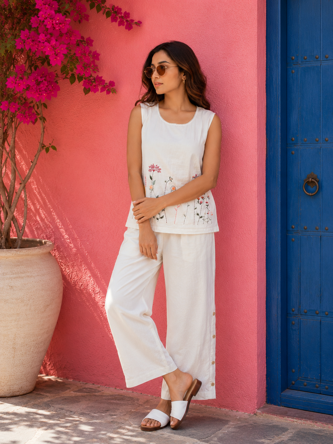 White Linen Embroidered Floral Top and Palazzo Set for Women