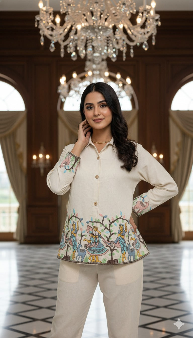 Cream Linen Embroidered Collar Top And Pant Co Ord Set for Women