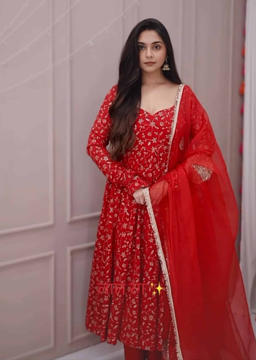 Red Premium Embroidered Anarkali Suit Set