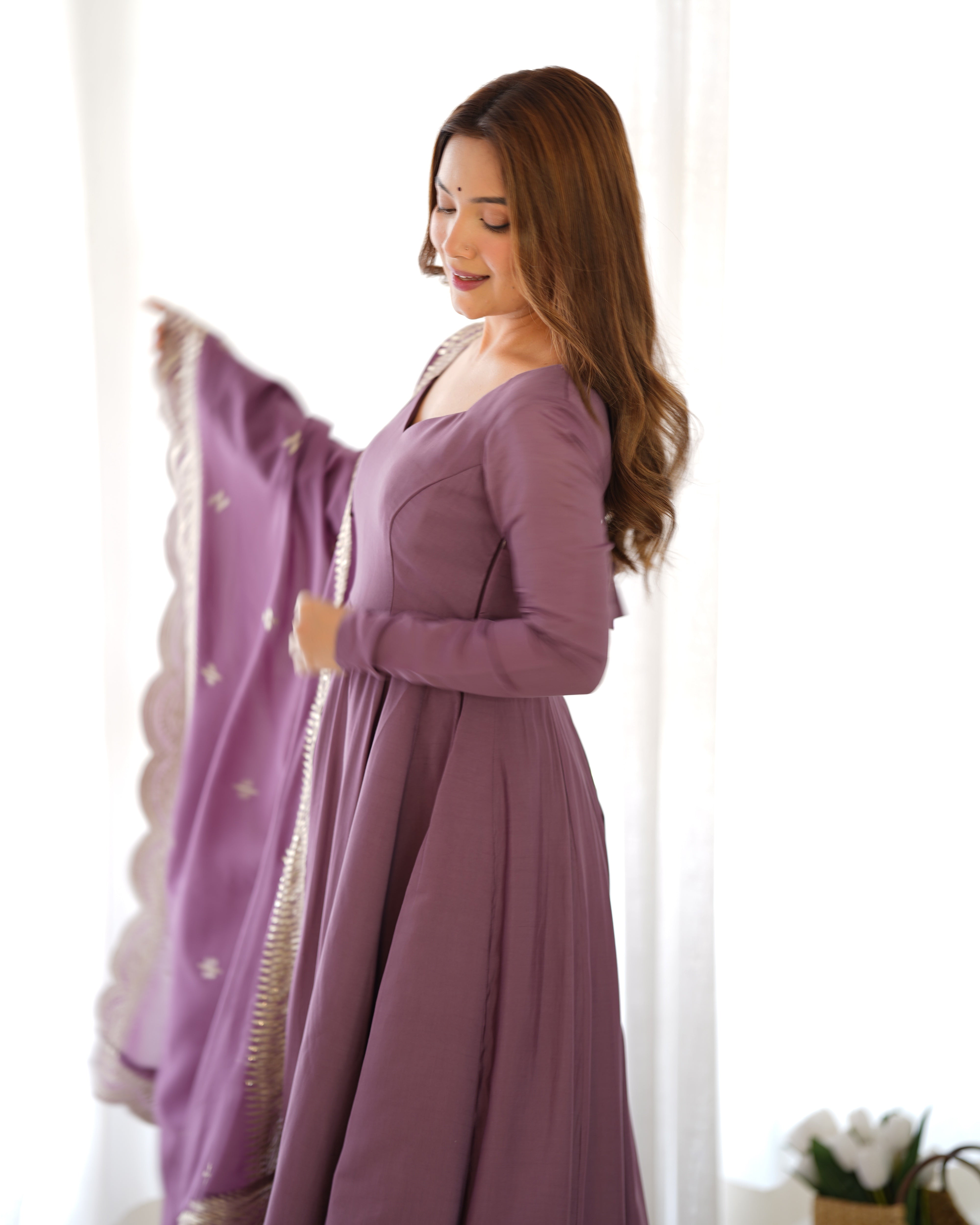 Exquisite Pure Romansilk Chanderi Designer Anarkali Pant Suit