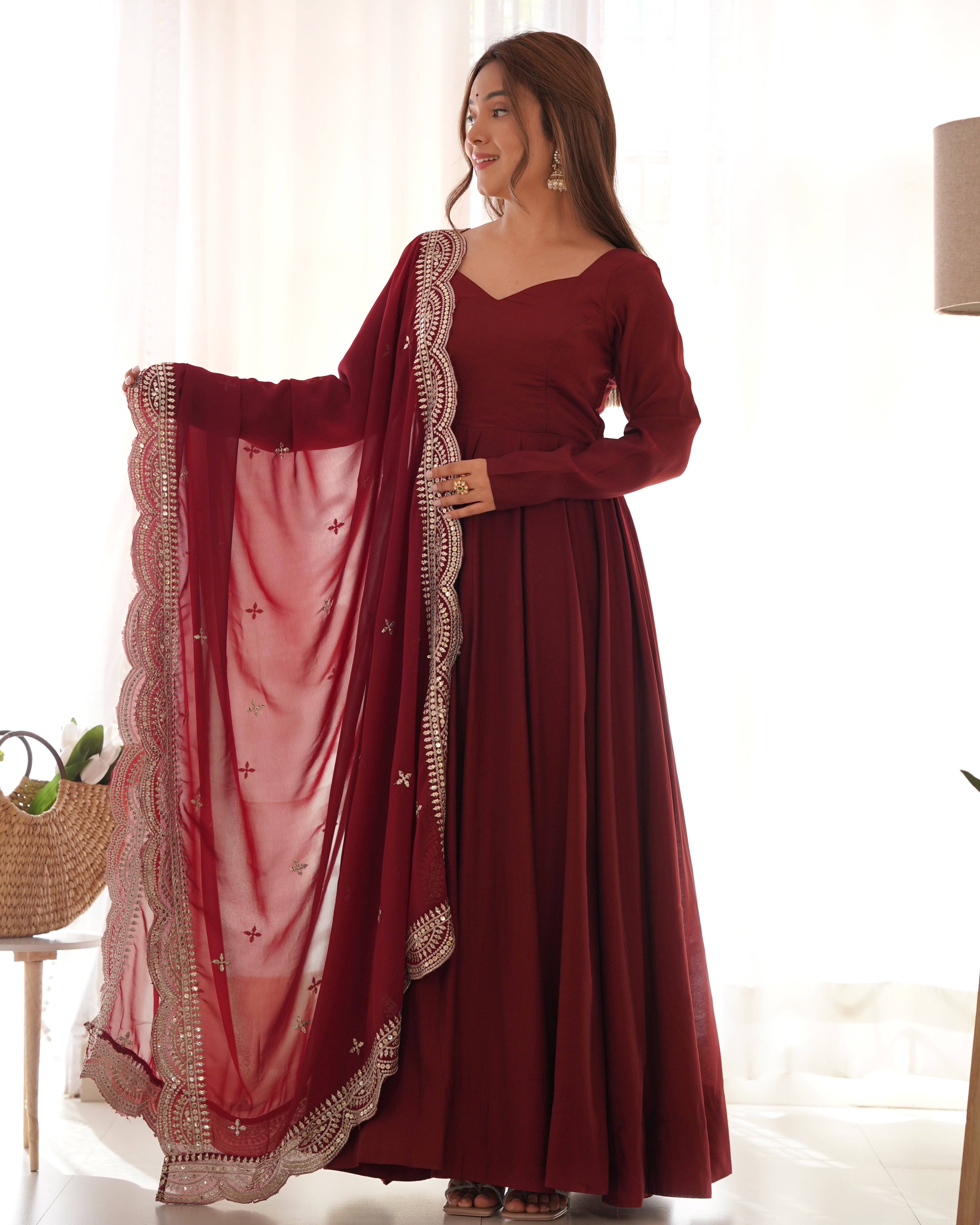 Exquisite Pure Romansilk Chanderi Designer Anarkali Pant Suit