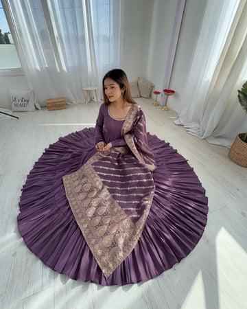 Purple Roman Silk Chanderi Anarkali Suit Set