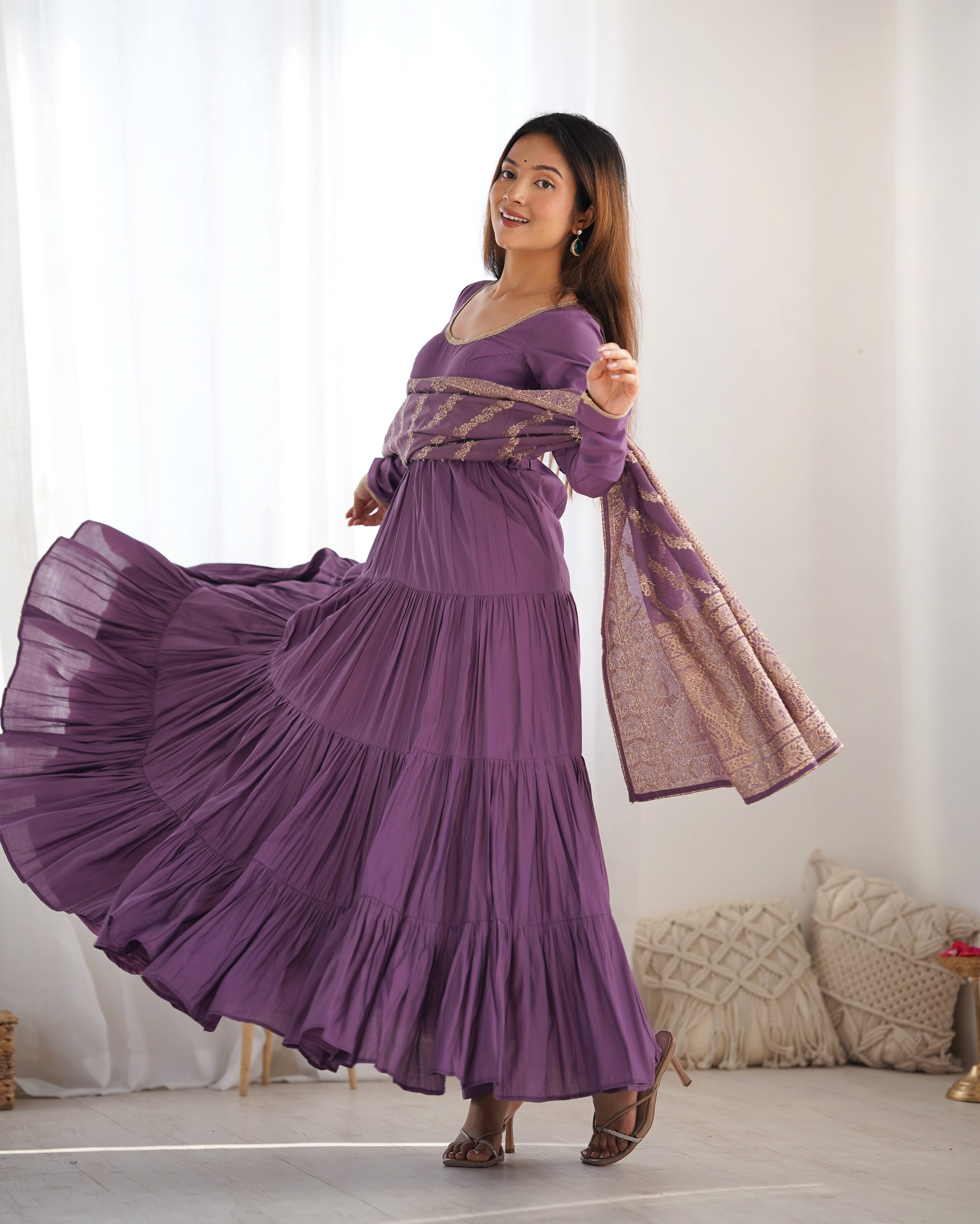 Premium Quality Roman Silk Dusty Anarkali  Suit Set