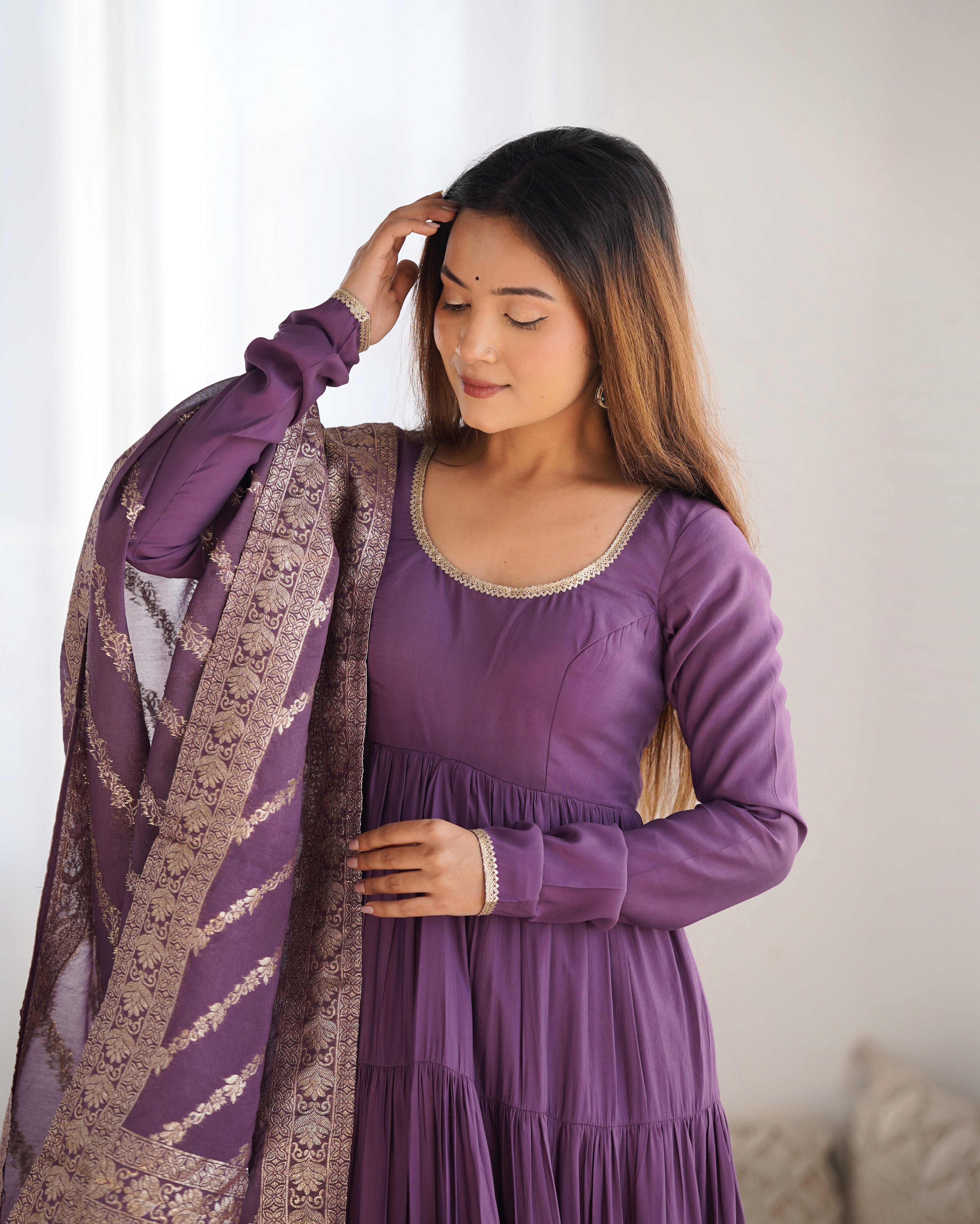Premium Quality Roman Silk Dusty Anarkali  Suit Set