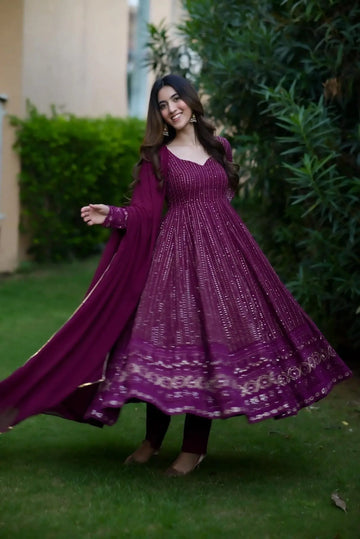 Purple Embroidered Georgette Anarkali Suit Set