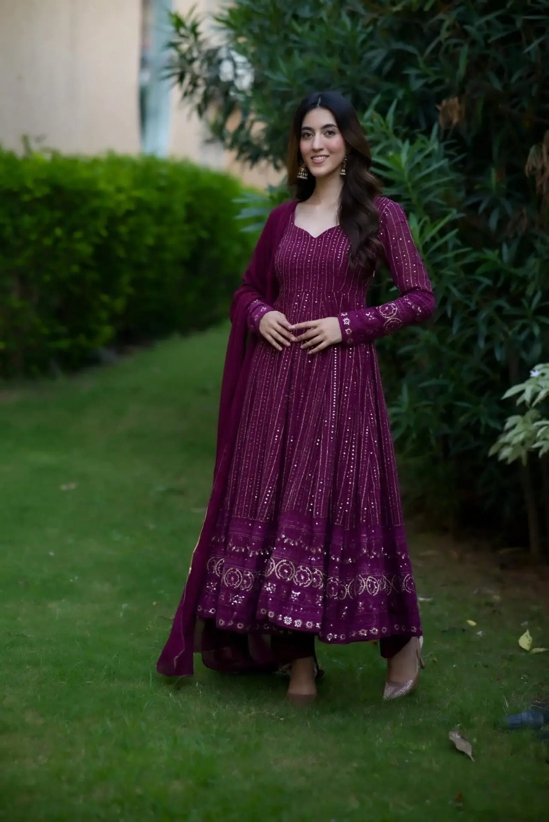 Purple Embroidered Georgette Anarkali Suit Set