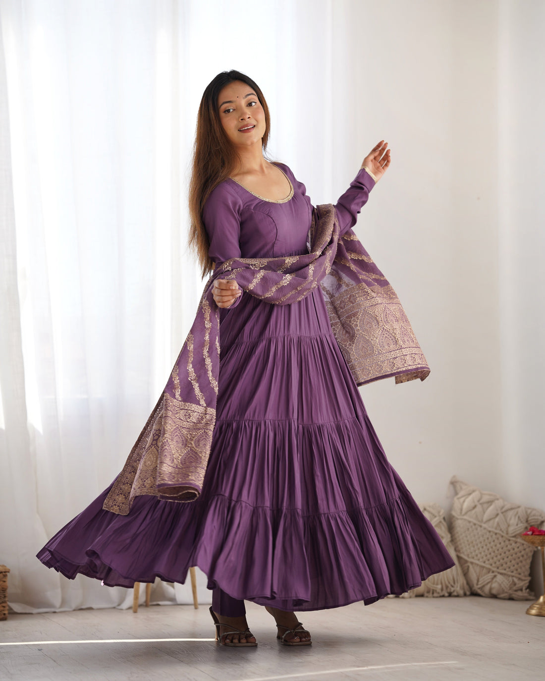 Purple Roman Silk Chanderi Anarkali Suit Set