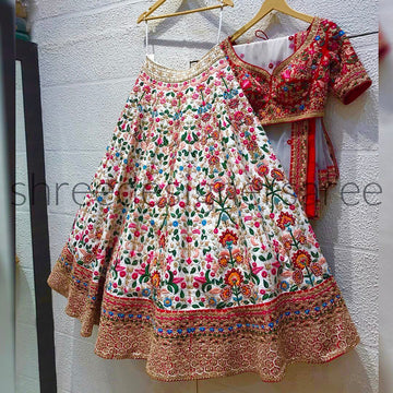 White & Red Lehenga Choli Set for Women