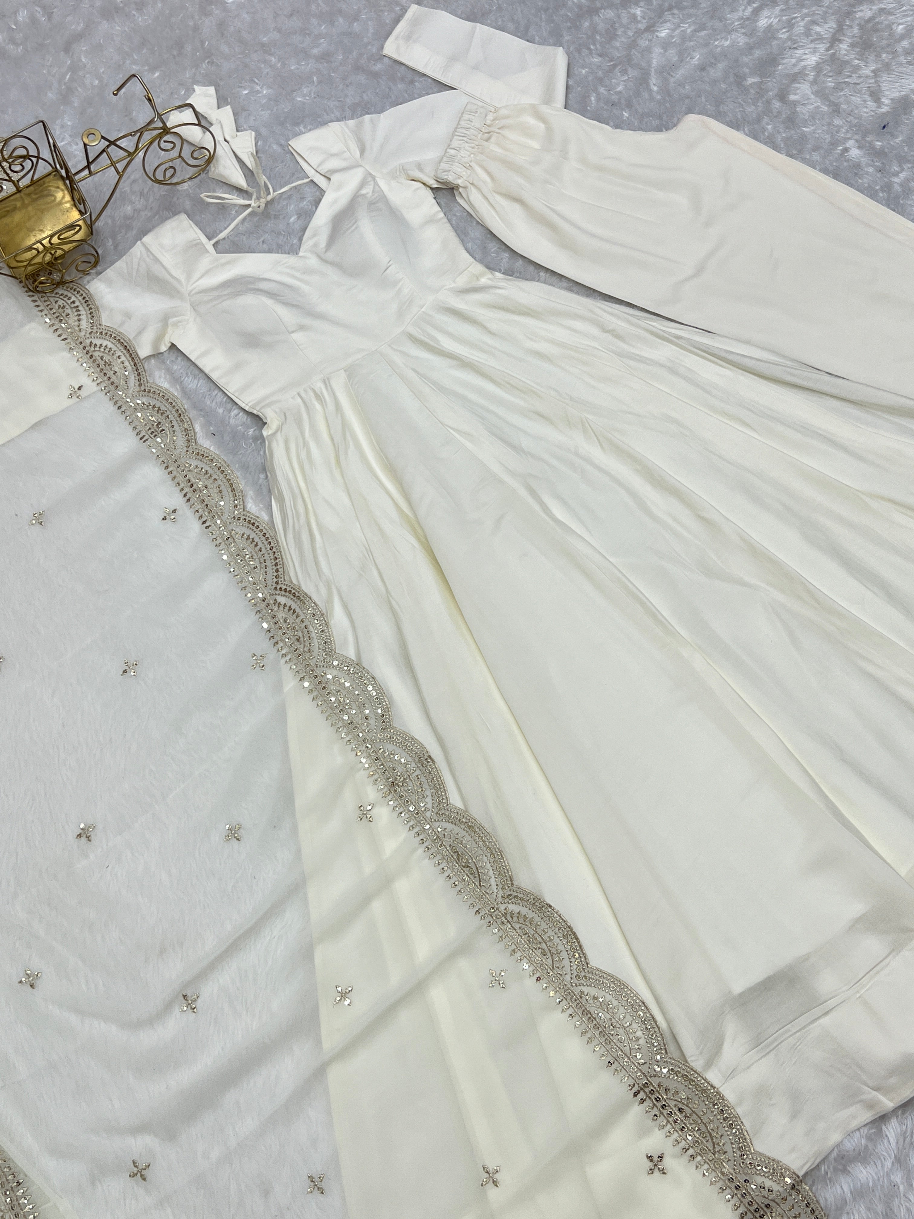 Exquisite Pure Romansilk Chanderi Designer Anarkali Pant Suit