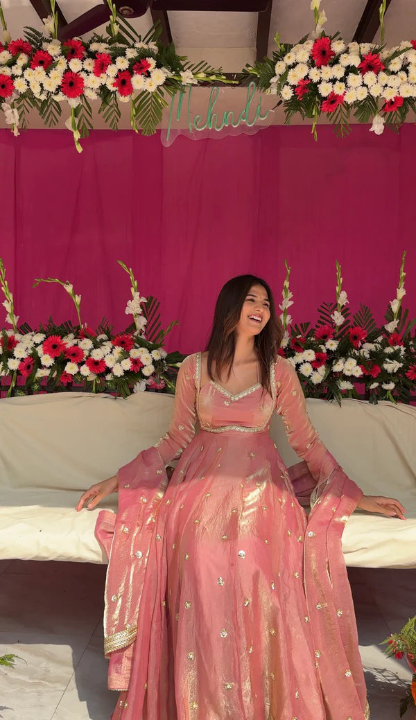 Avisha Fendy Silk Blush Pink Anarkali Premium Suit Set