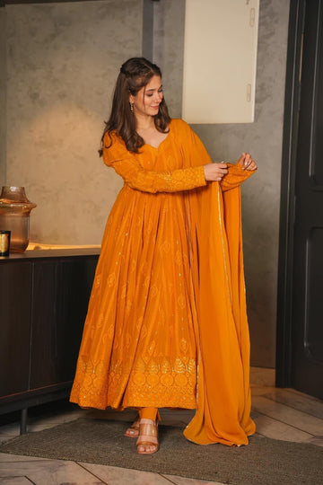 Mustard Embroidered Georgette Anarkali Suit Set