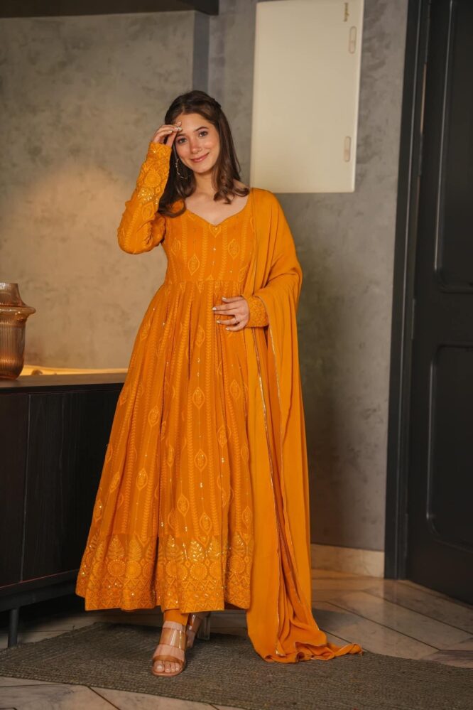 Mustard Embroidered Georgette Anarkali Suit Set