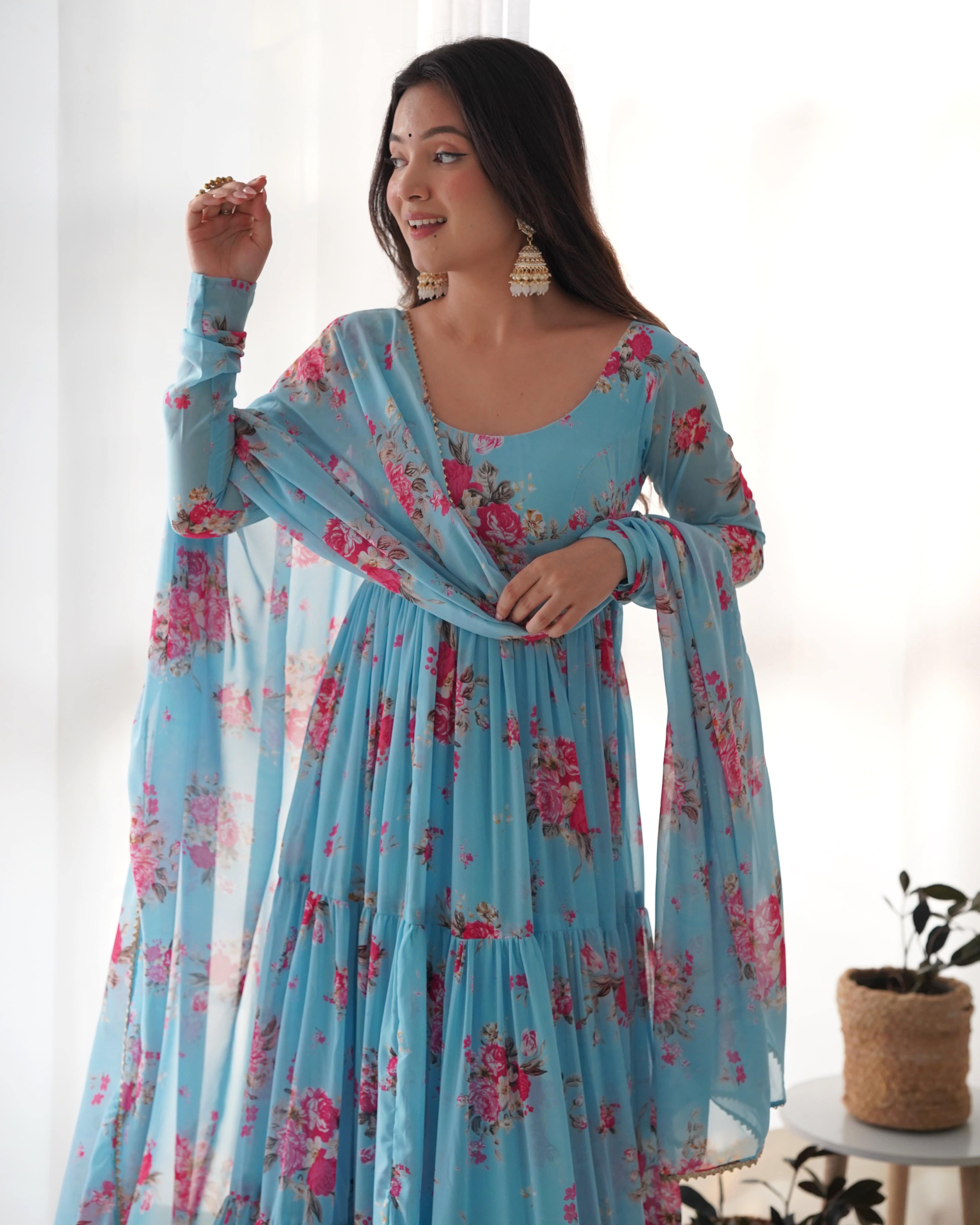 Radiant Sky Blue Floral Printed Fully Stitched Anarkali Pant Suit