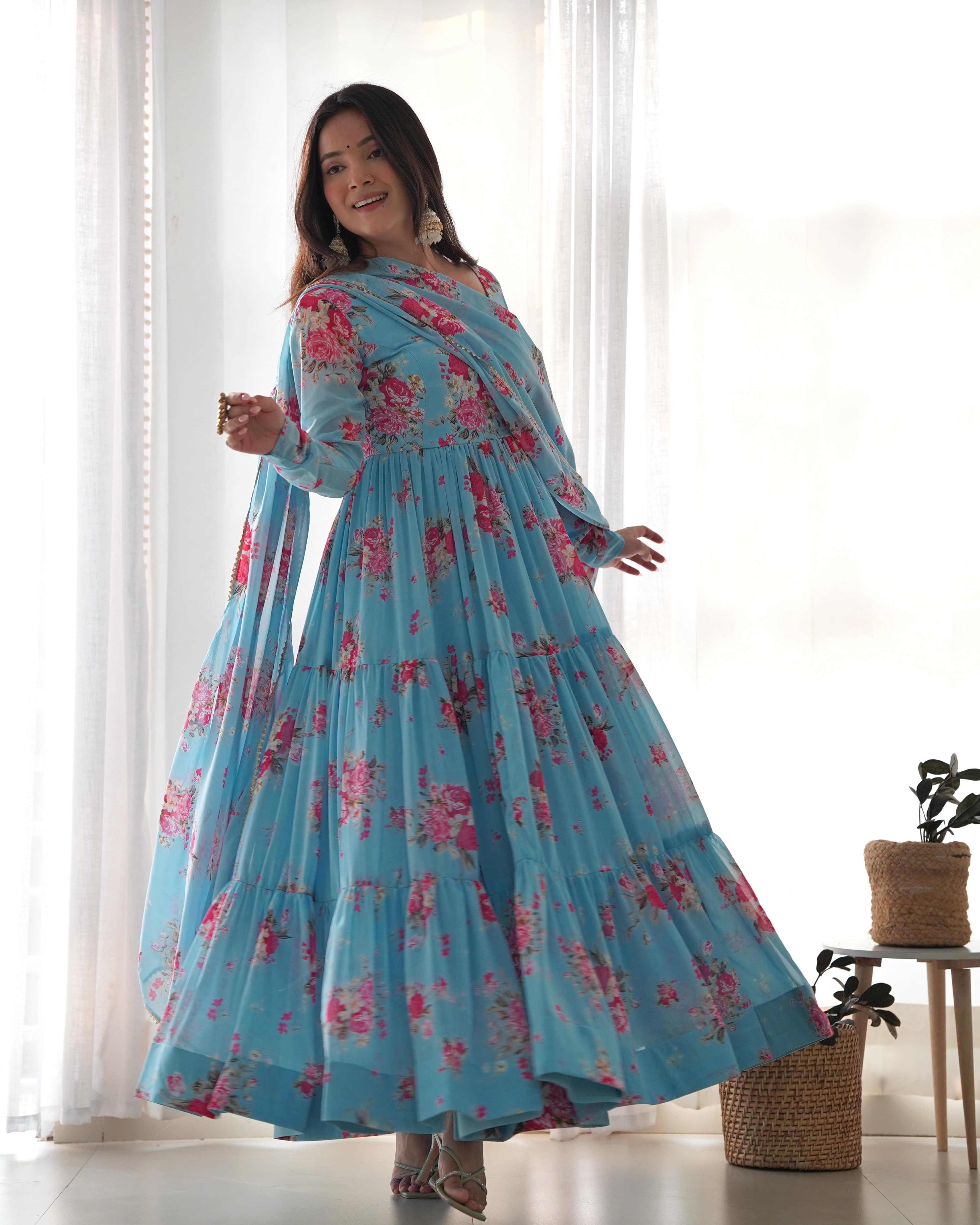Radiant Sky Blue Floral Printed Fully Stitched Anarkali Pant Suit