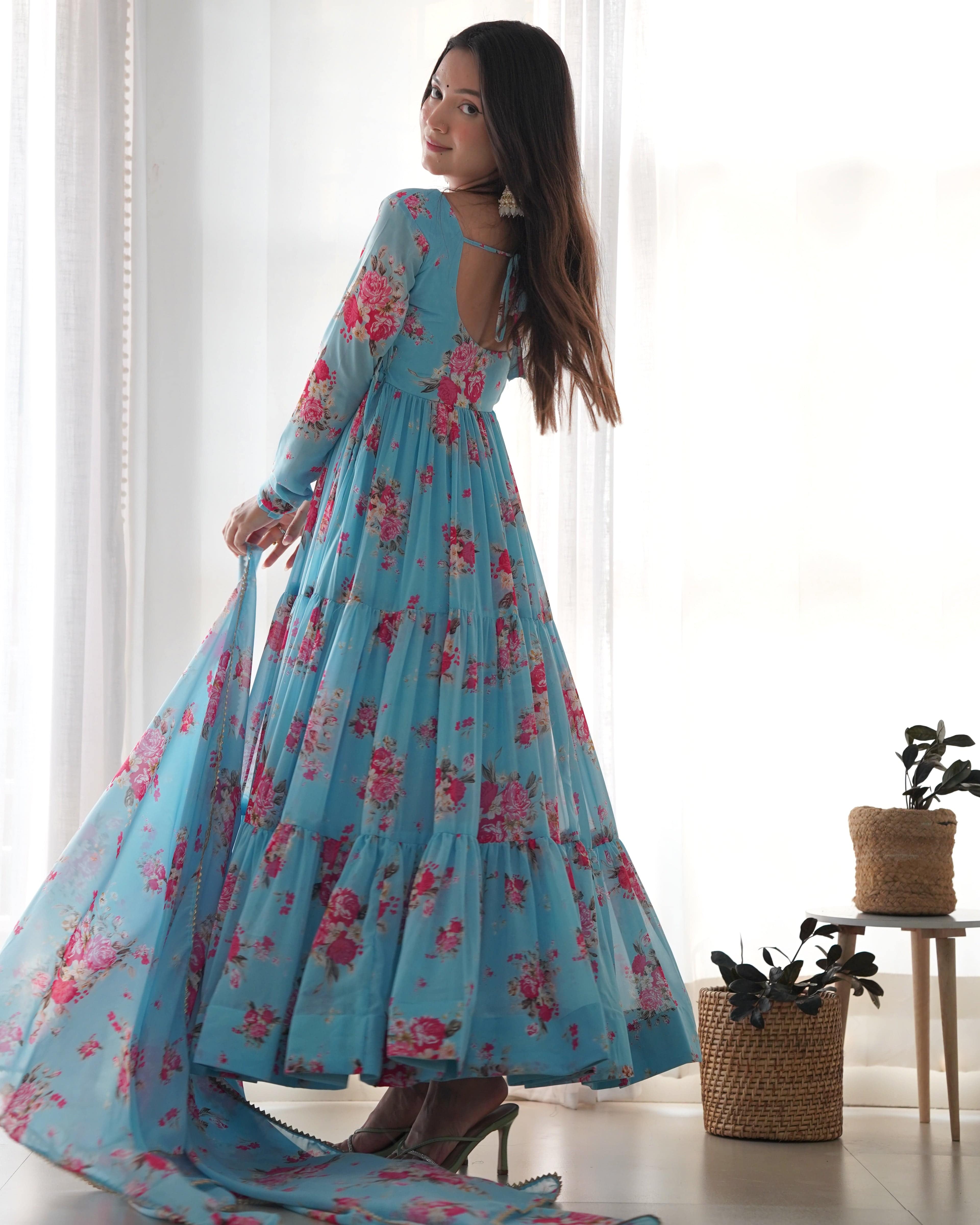 Radiant Sky Blue Floral Printed Fully Stitched Anarkali Pant Suit