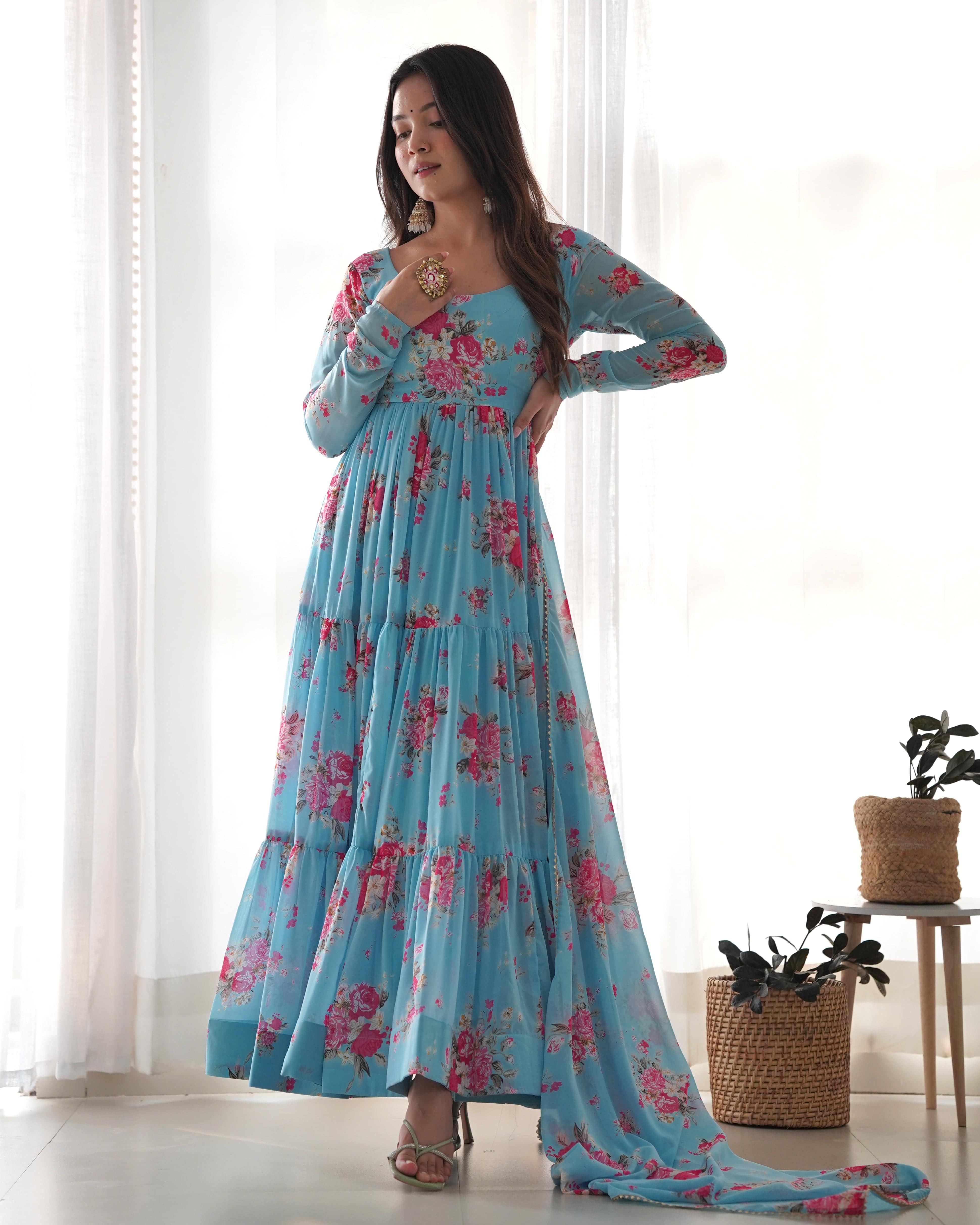 Radiant Sky Blue Floral Printed Fully Stitched Anarkali Pant Suit