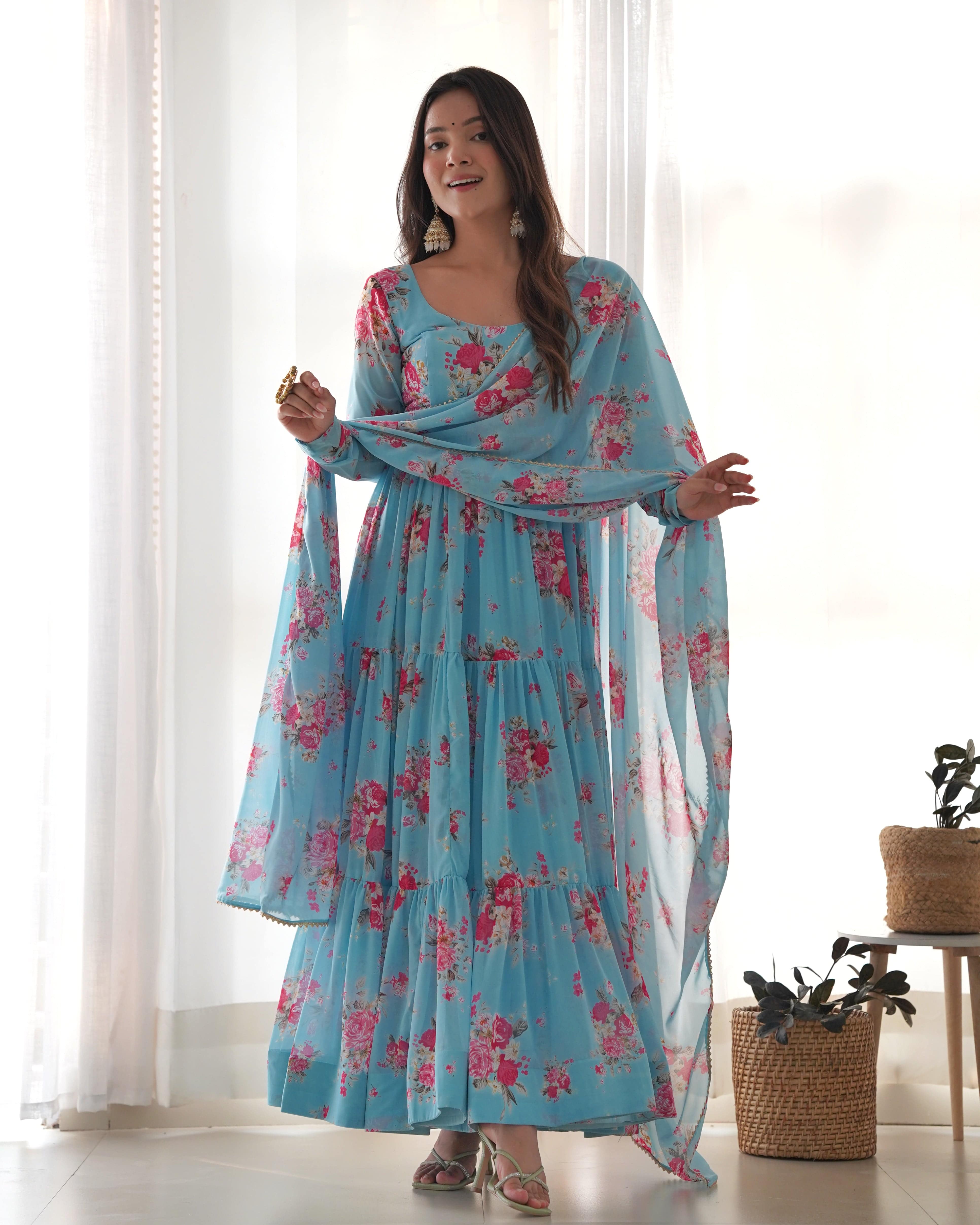 Radiant Sky Blue Floral Printed Fully Stitched Anarkali Pant Suit