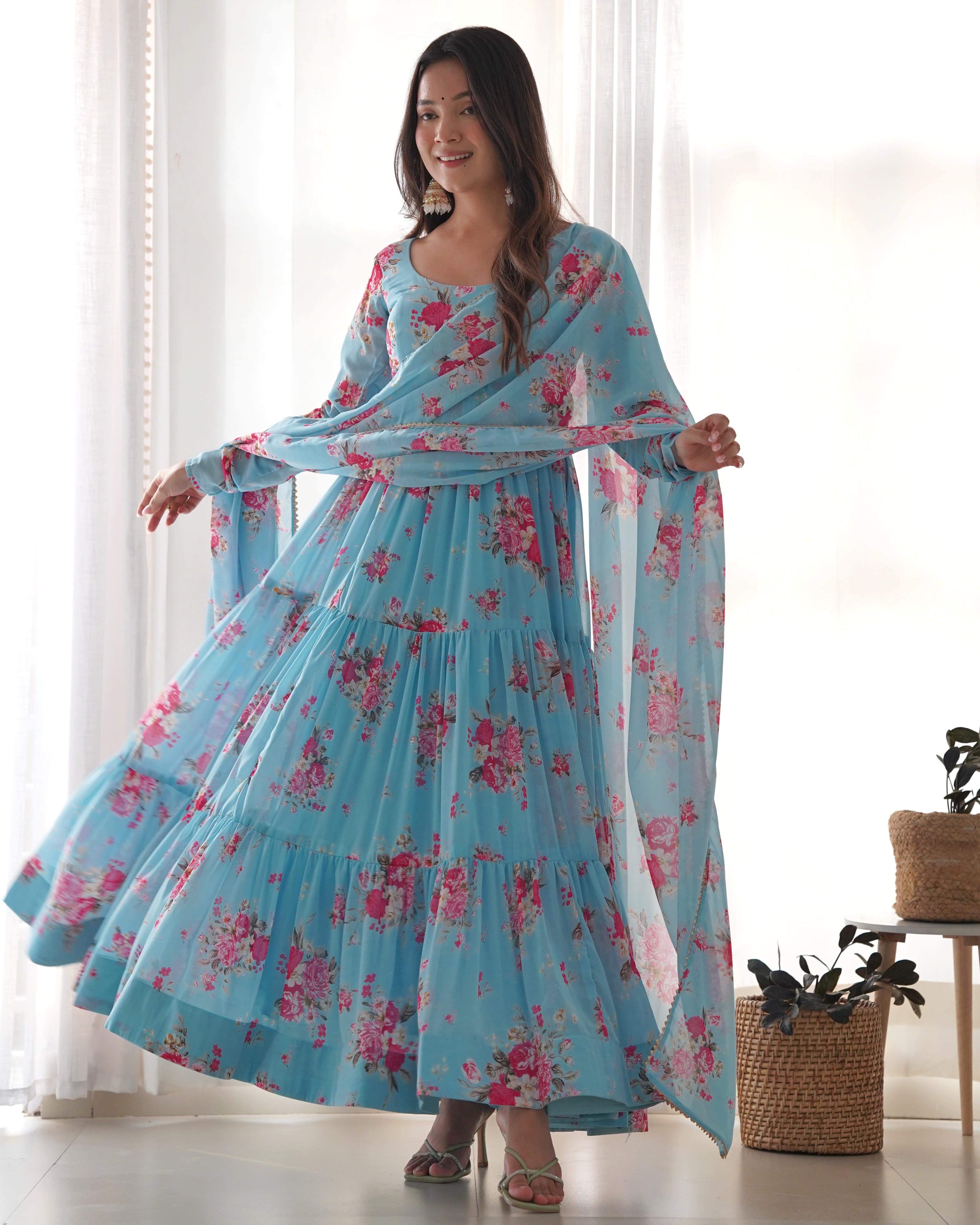 Radiant Sky Blue Floral Printed Fully Stitched Anarkali Pant Suit