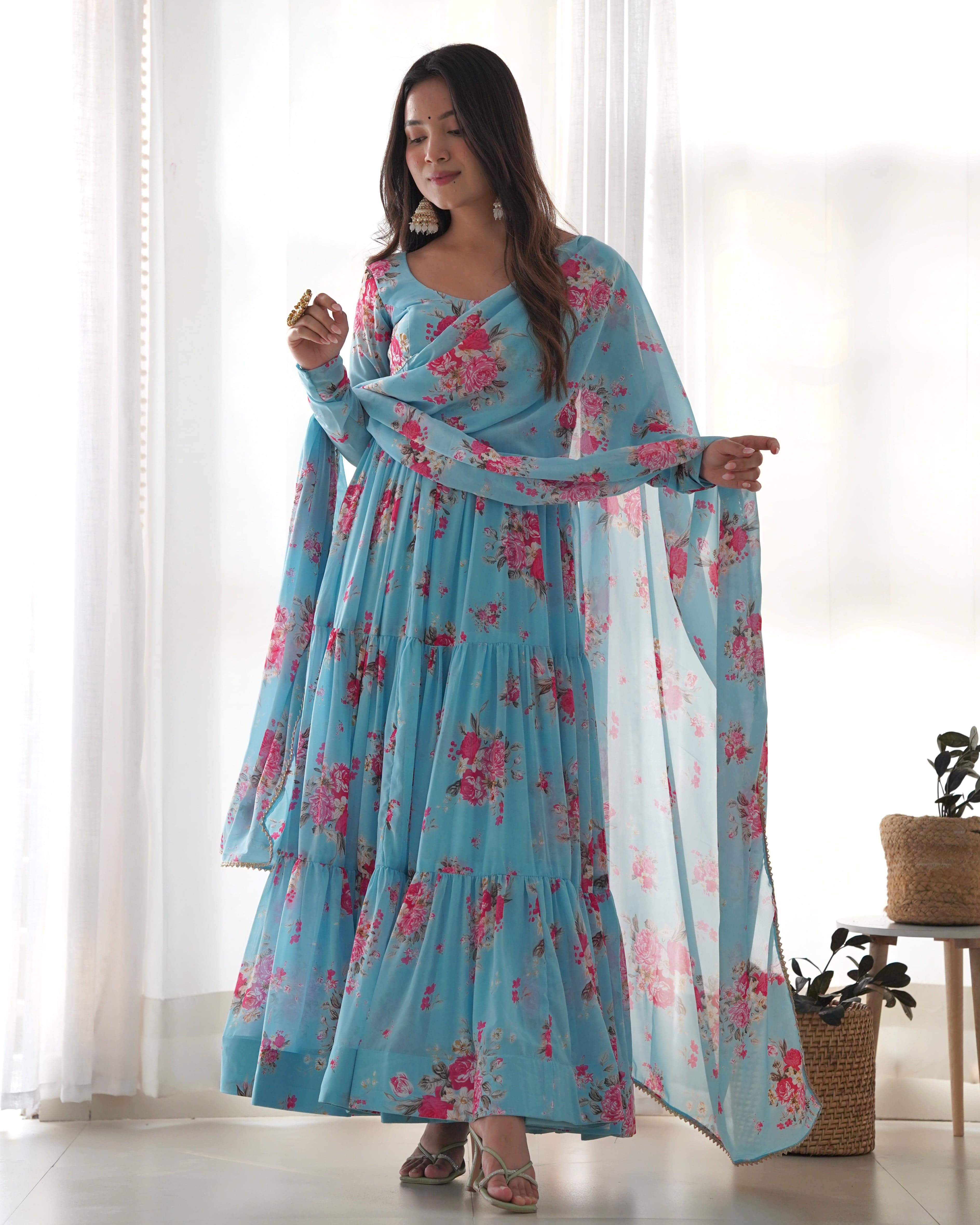 Radiant Sky Blue Floral Printed Fully Stitched Anarkali Pant Suit
