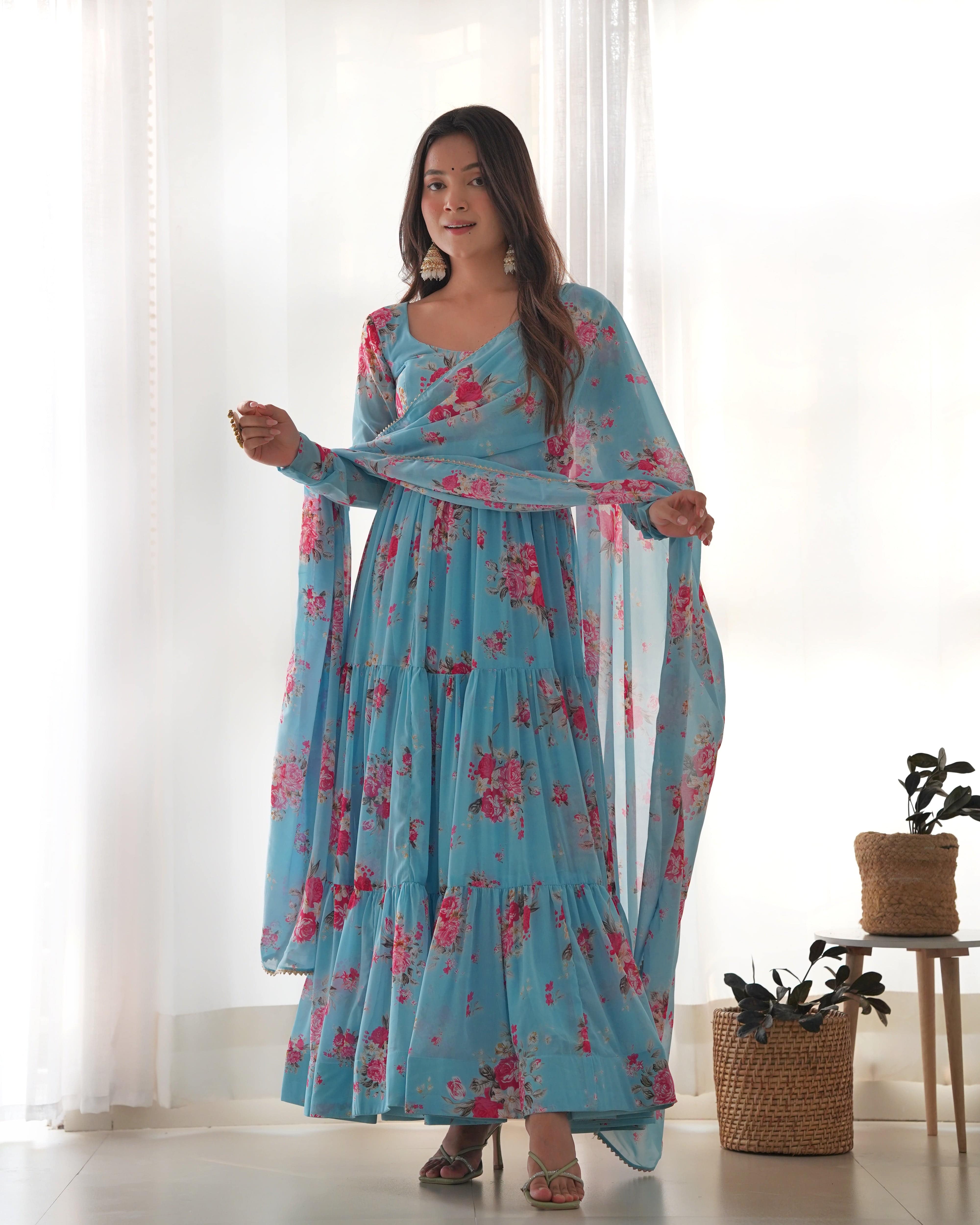 Radiant Sky Blue Floral Printed Fully Stitched Anarkali Pant Suit
