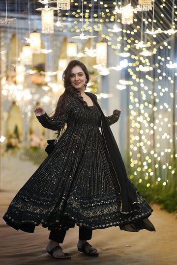 Black Embroidered Georgette Anarkali Suit Set with Dupatta