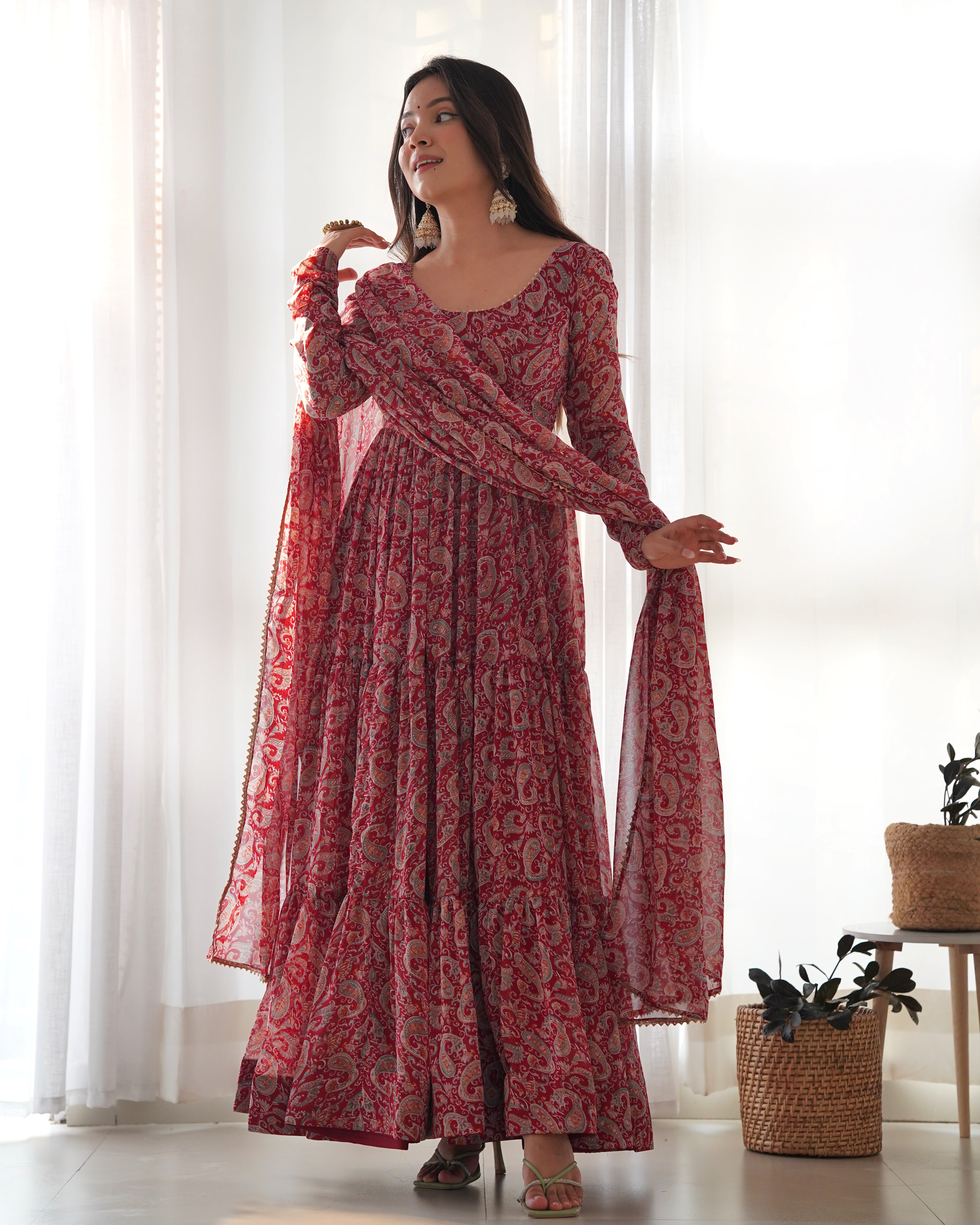 Winsome Faux Georgette Kalamkari Printed Anarkali Pant Suit